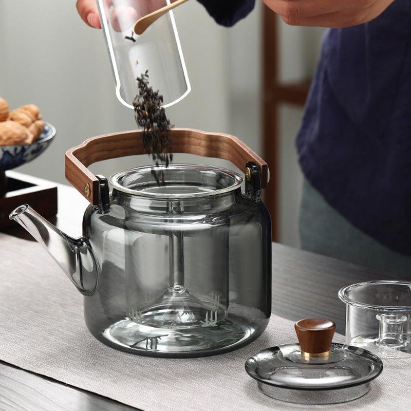 Glass Teapot with Wood Handle | Smoked Glass Tea Brewing Pot