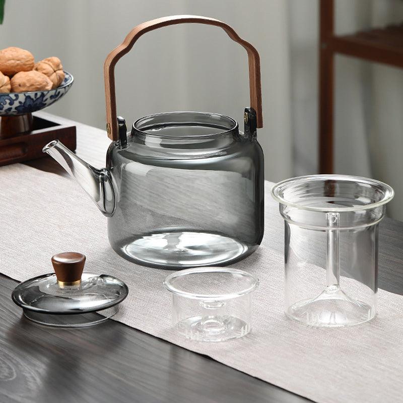 Glass Teapot with Wood Handle | Smoked Glass Tea Brewing Pot
