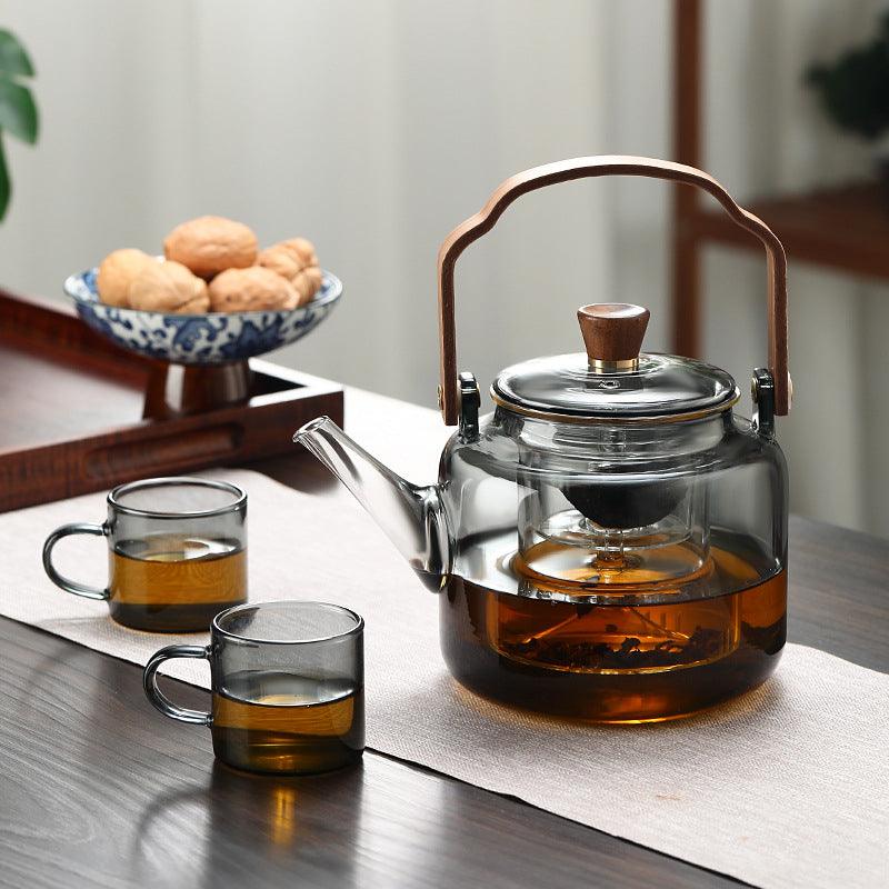Glass Teapot with Wood Handle | Smoked Glass Tea Brewing Pot