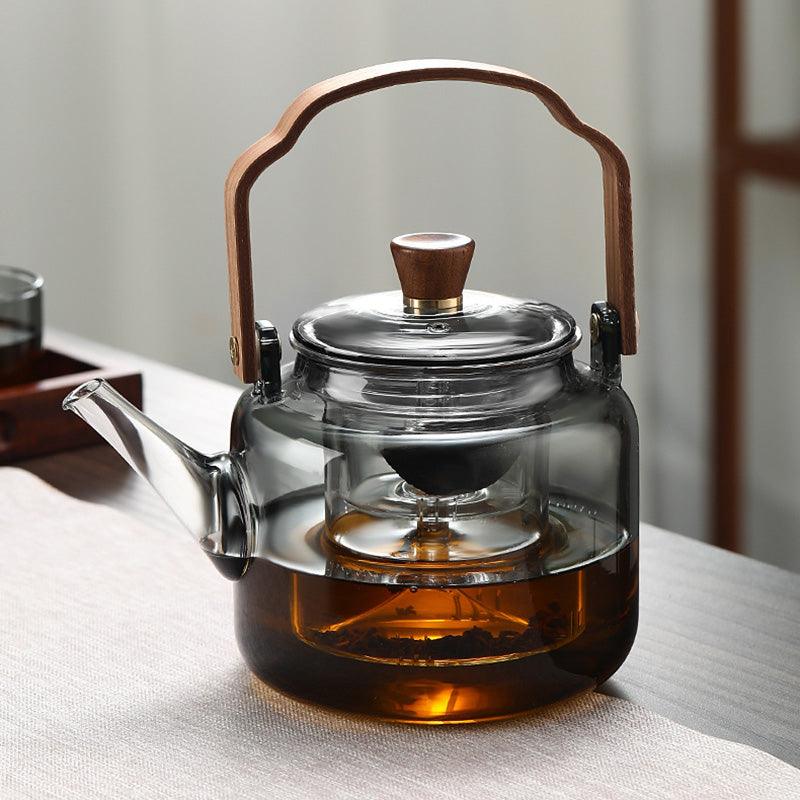 Glass Teapot with Wood Handle | Smoked Glass Tea Brewing Pot