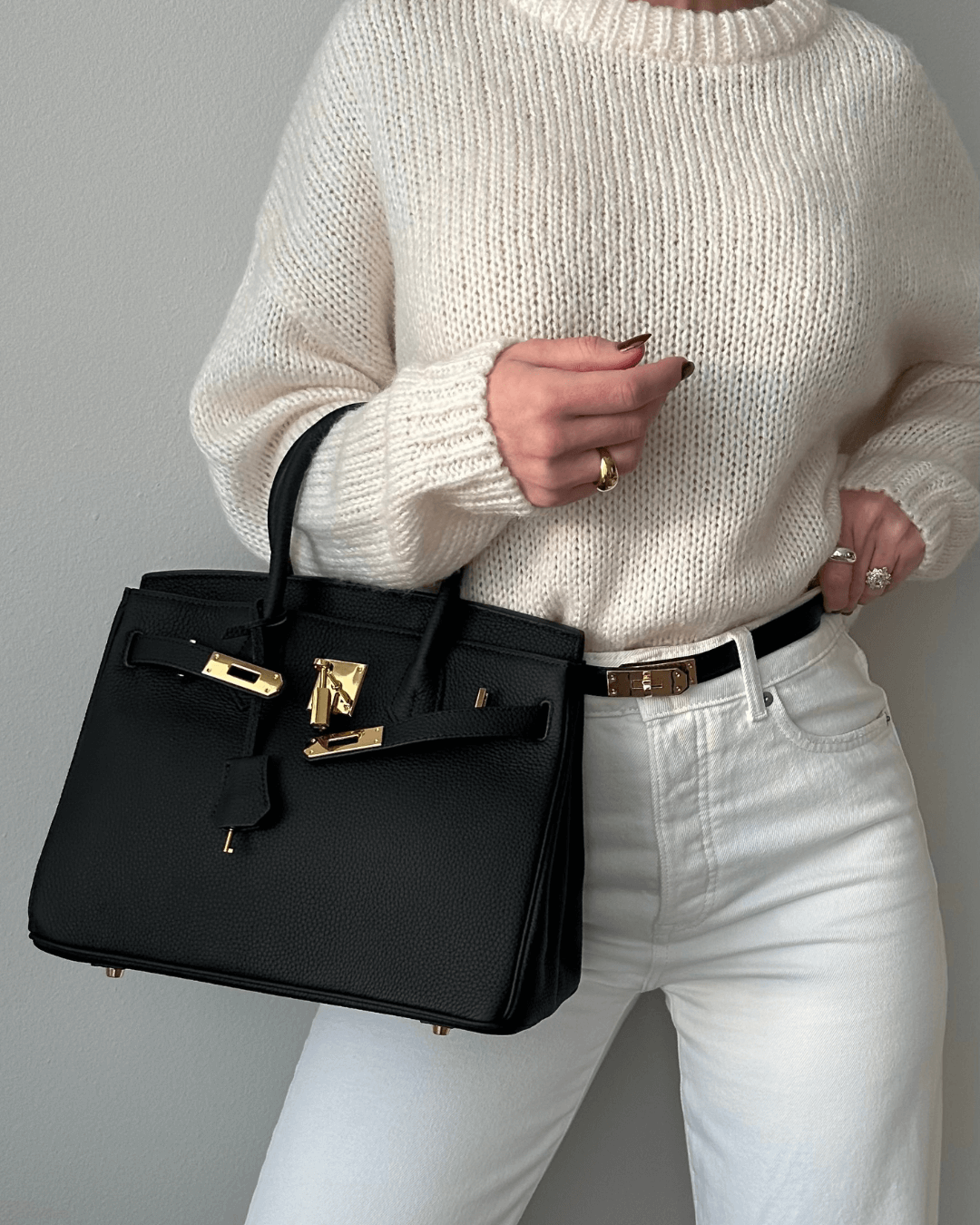 Classic Structured Handbag | Black Leather With Gold Hardware