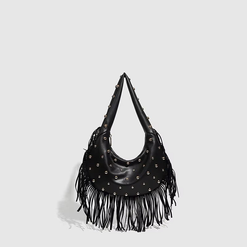 Studded Fringe Hobo Bag | Black Leather Statement Design