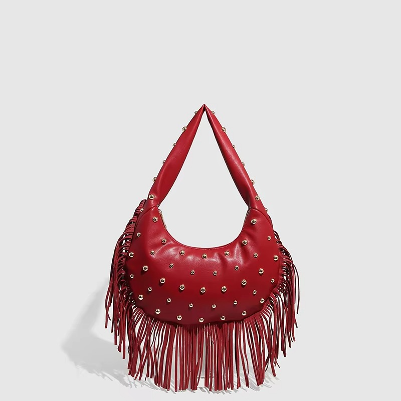 Studded Fringe Hobo Bag | Black Leather Statement Design
