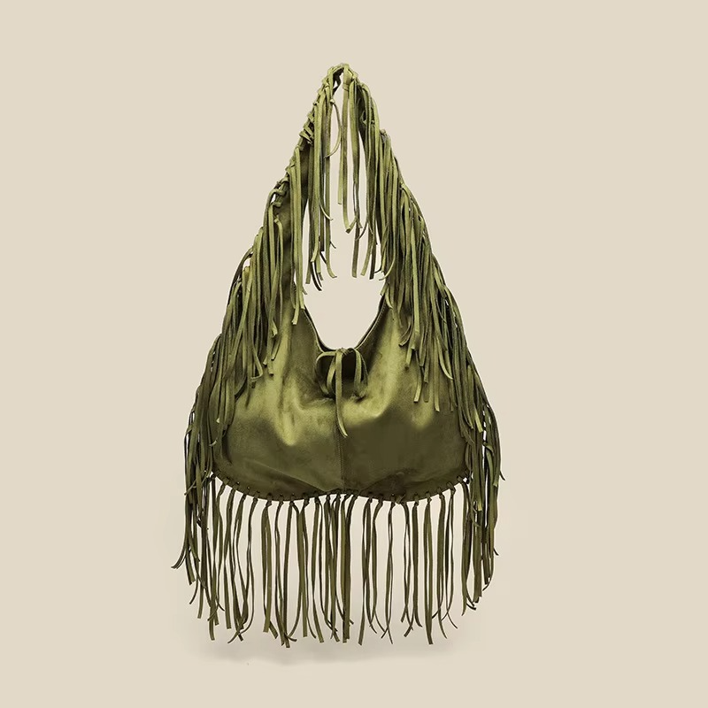 Studded Fringe Hobo Bag | Black Leather Statement Design