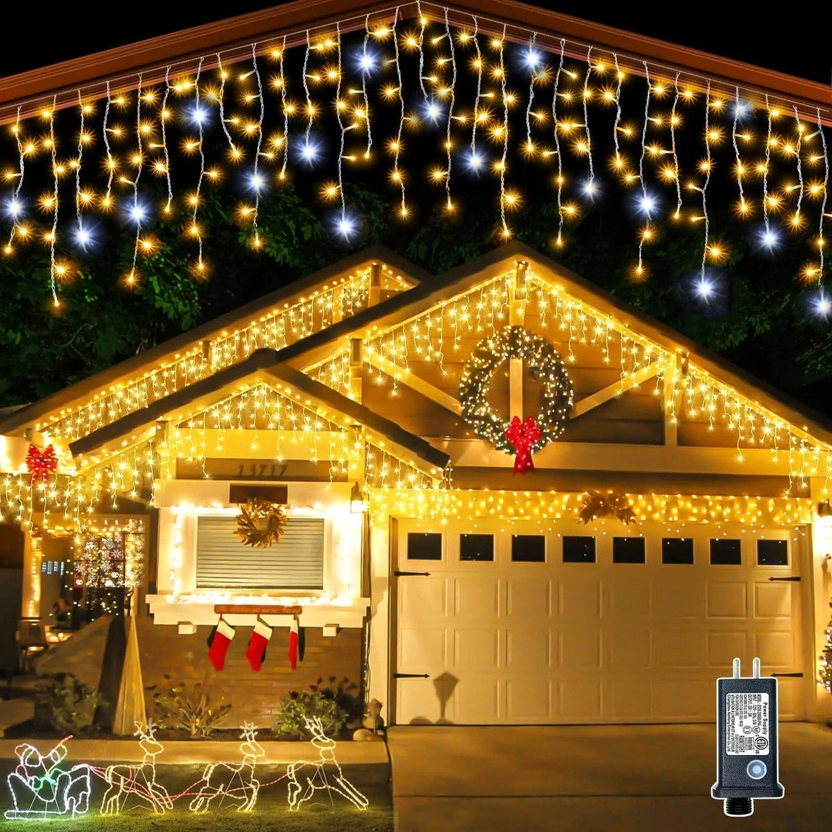 LED Icicle String Lights | Warm White Flickering Effect