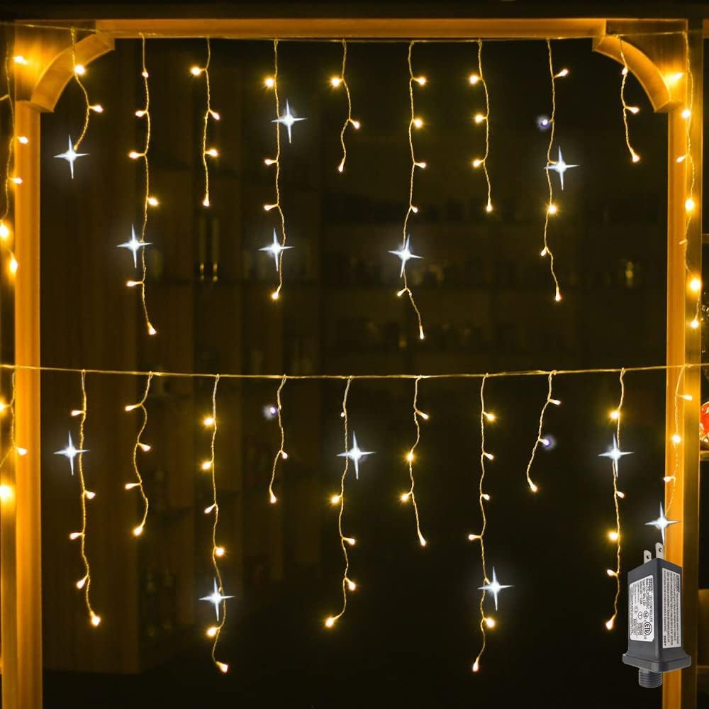 LED Icicle String Lights | Warm White Curtain Lights with Flickering Effect
