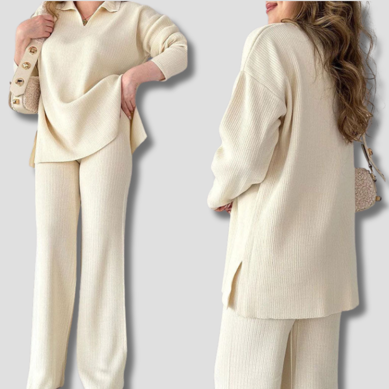 Ribbed Loungewear Set | Wide Leg V-Neck Two-Piece