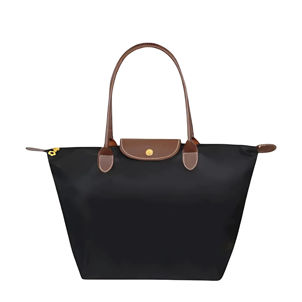 Classic Nylon Tote Bag | Brown Leather Trim With Gold Hardware