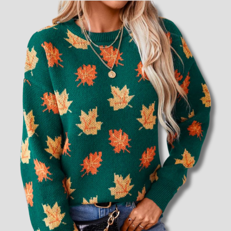 Autumn Knit Sweater | Maple Leaf Pattern In Forest Green
