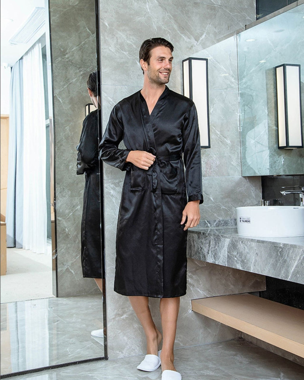 Luxury Satin Robe For Men | Black Kimono Style With Shawl Collar