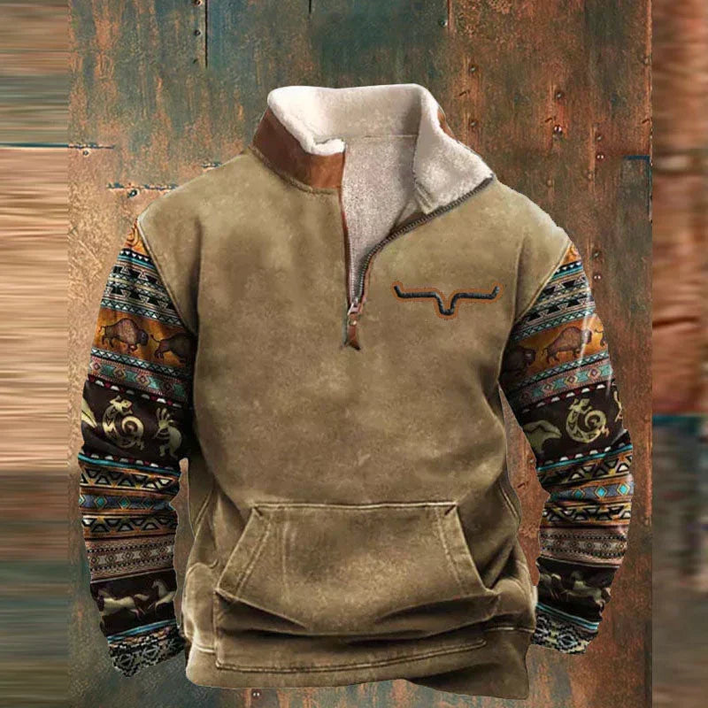 Western Fleece Pullover | Native Buffalo Print Quarter-Zip