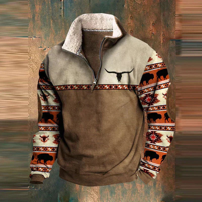 Western Fleece Pullover | Native Buffalo Print Quarter-Zip