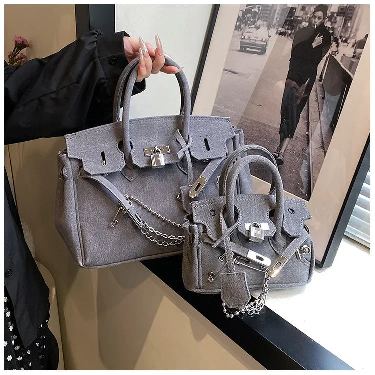 Distressed Denim Shoulder Bag | Vintage Chain Detail Design