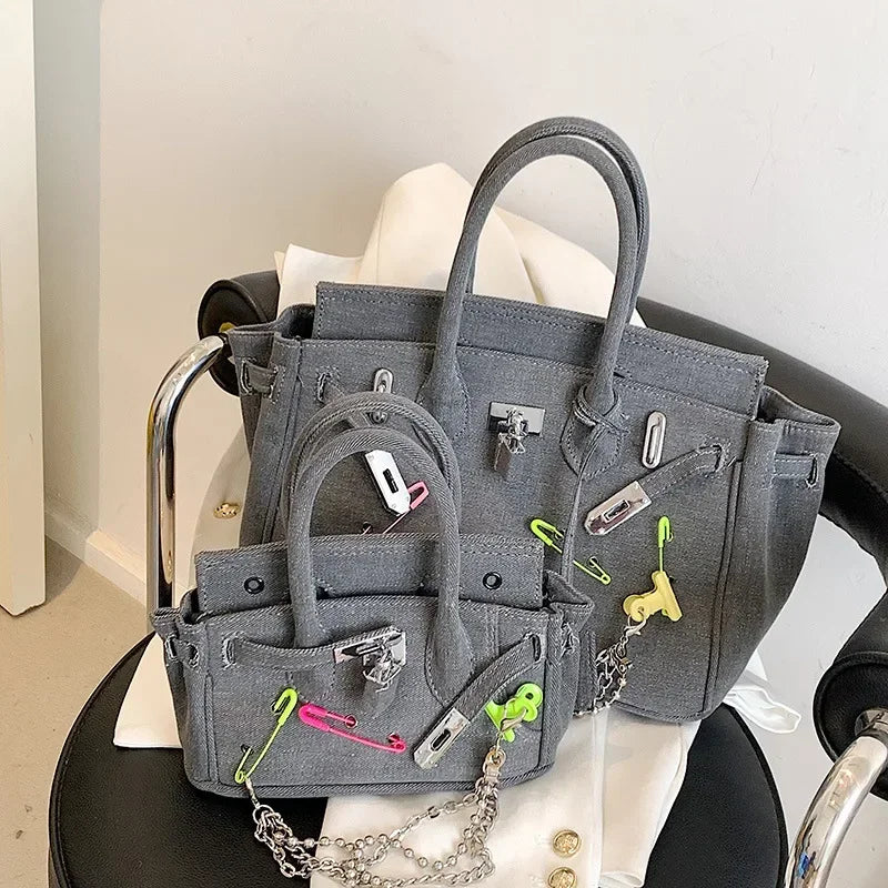 Distressed Denim Shoulder Bag | Vintage Chain Detail Design