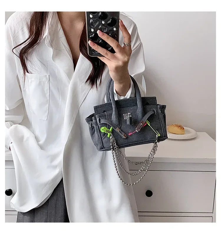 Distressed Denim Shoulder Bag | Vintage Chain Detail Design