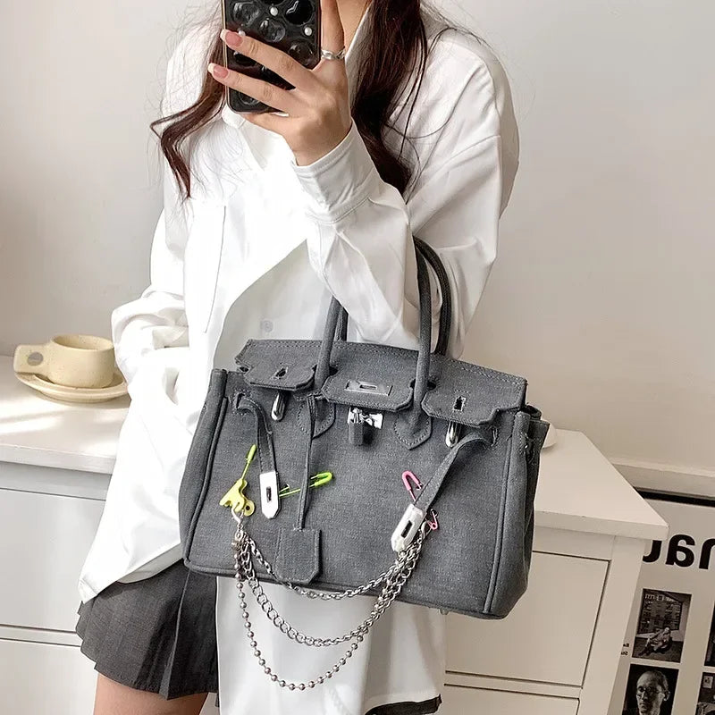 Distressed Denim Shoulder Bag | Vintage Chain Detail Design