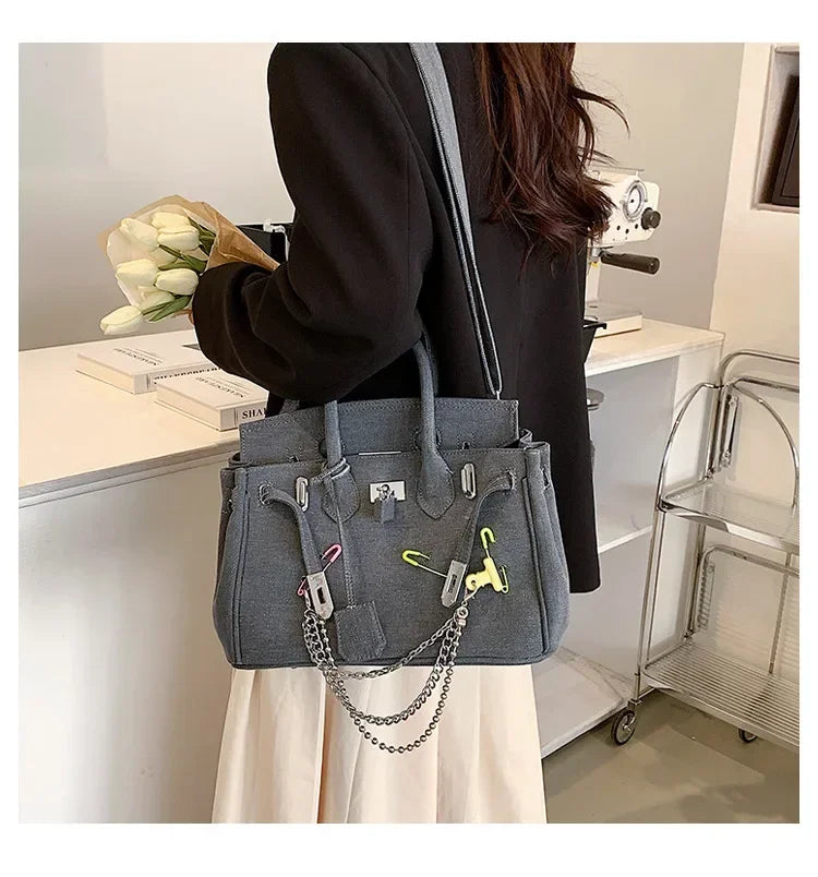 Distressed Denim Shoulder Bag | Vintage Chain Detail Design