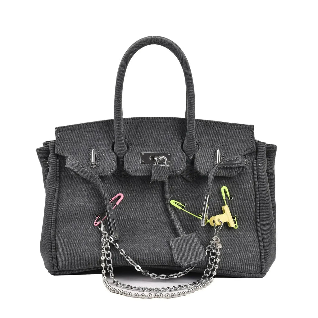 Distressed Denim Shoulder Bag | Vintage Chain Detail Design