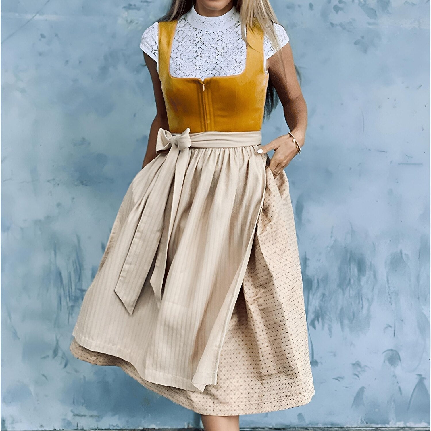 Traditional Dirndl Dress | Orange Bodice with Beige Apron