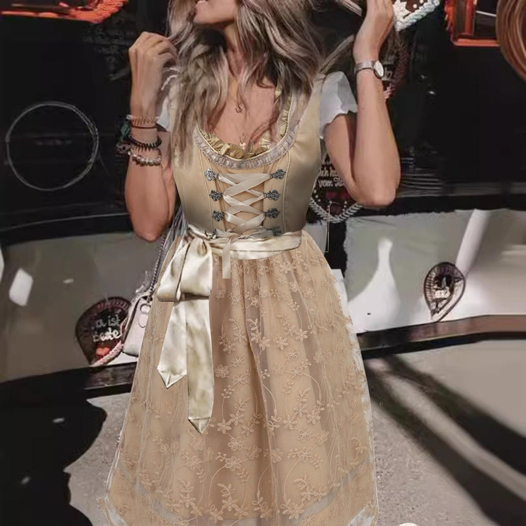 Traditional Dirndl Dress | Vintage Apricot With Lace Apron