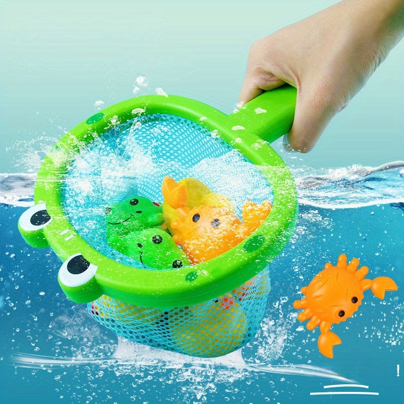 Bath Toy Fishing Set | Frog Net with Floating Animals