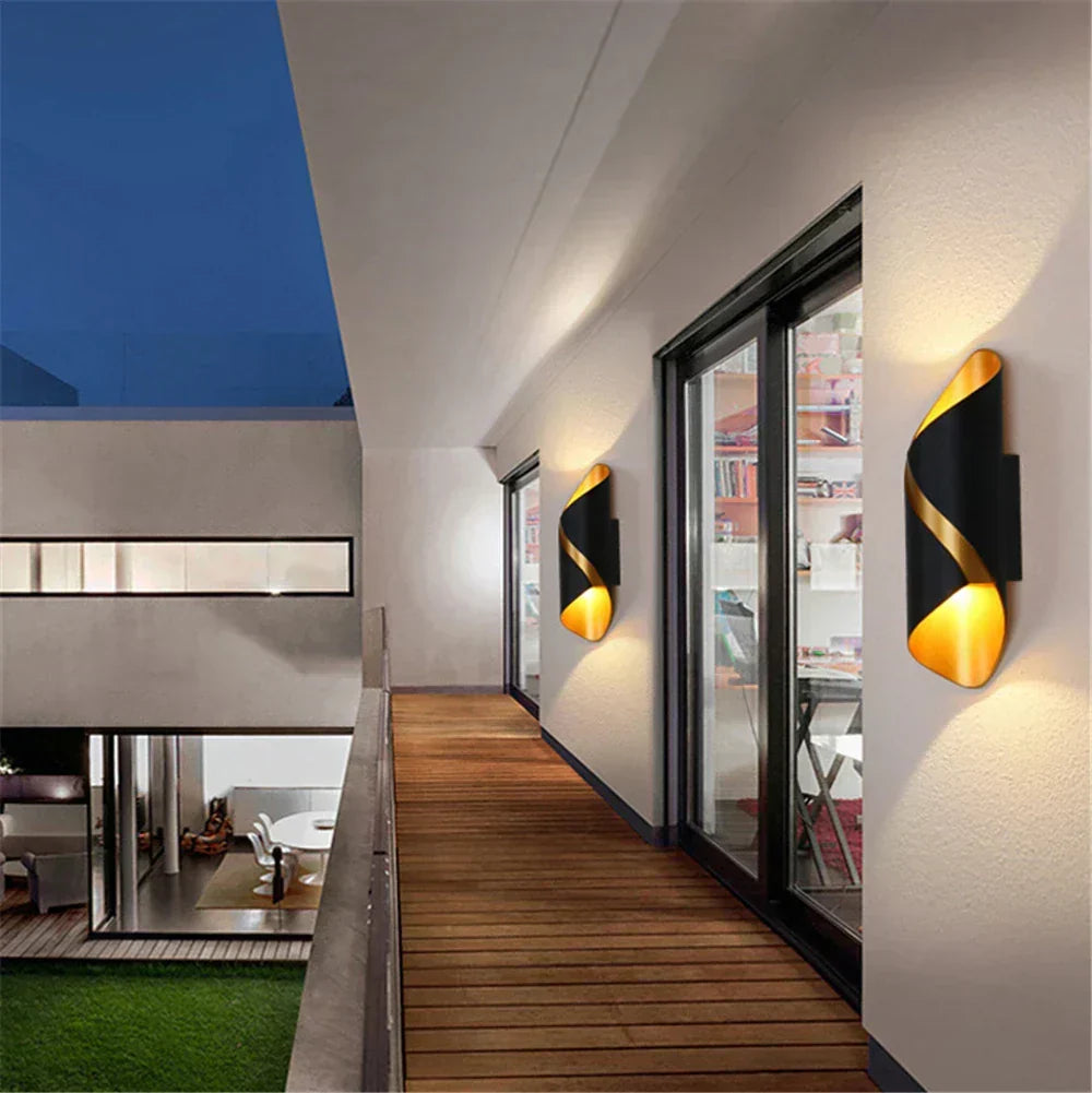 Modern Outdoor Wall Light | Black Gold Spiral Design