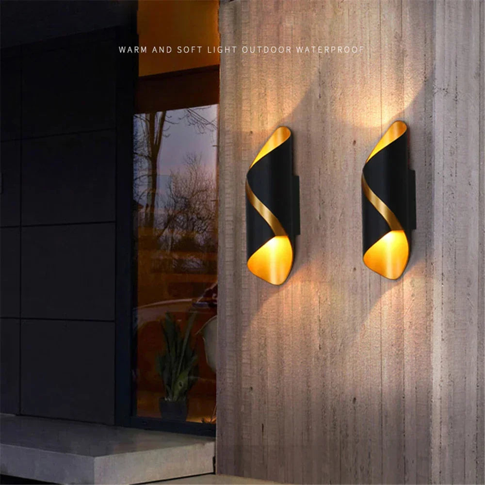 Modern Outdoor Wall Light | Black Gold Spiral Design