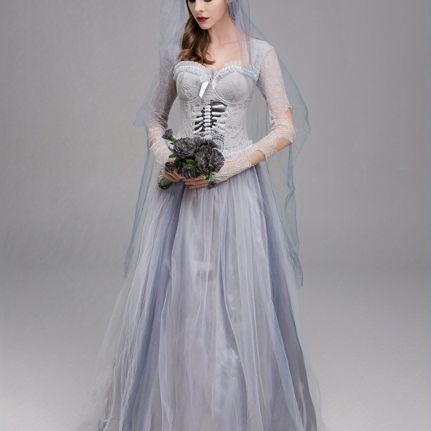 Women’s Gothic Corpse Bride Halloween Costume Dress | Lace Maxi Gown