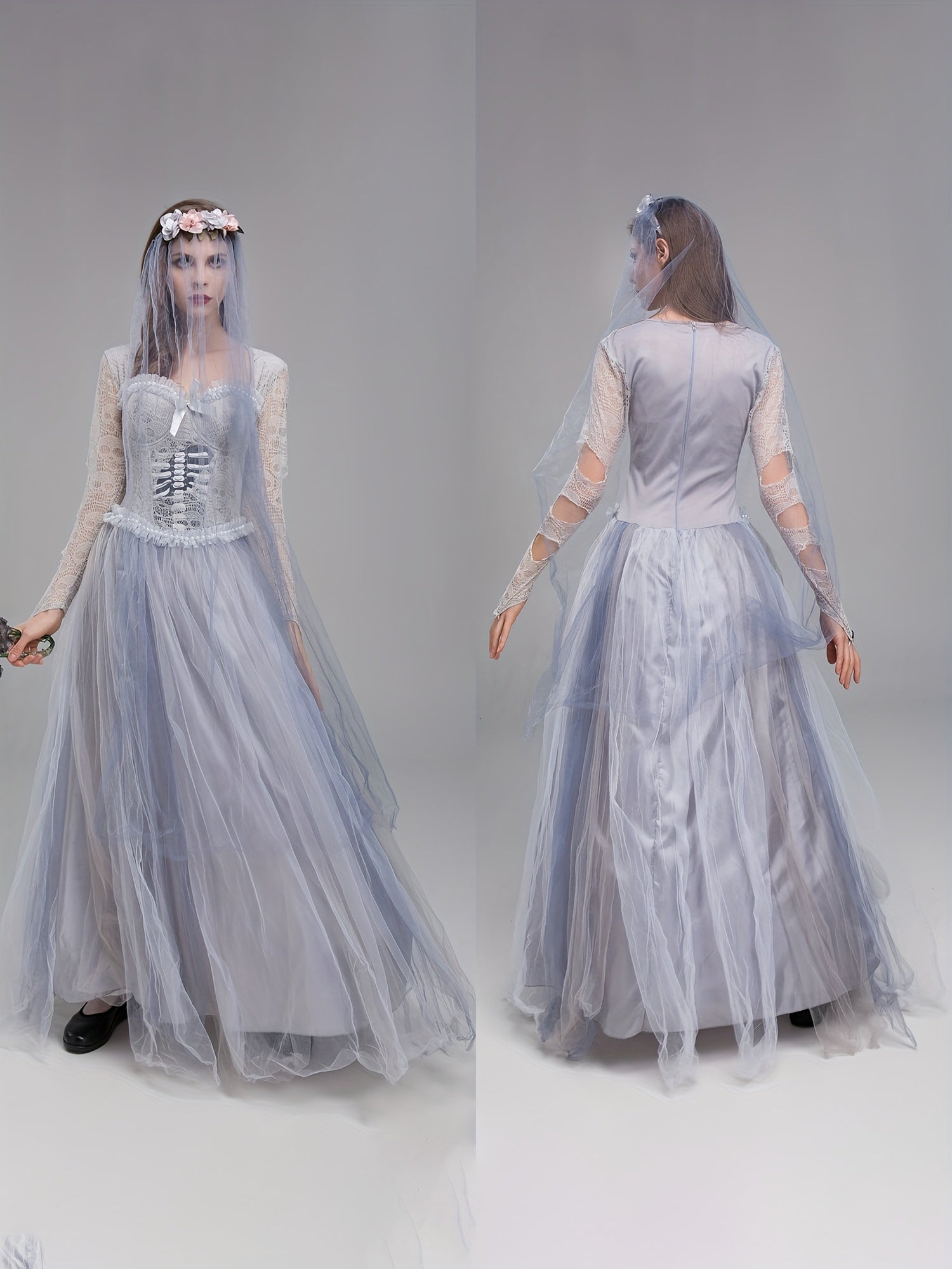 Women’s Gothic Corpse Bride Halloween Costume Dress | Lace Maxi Gown
