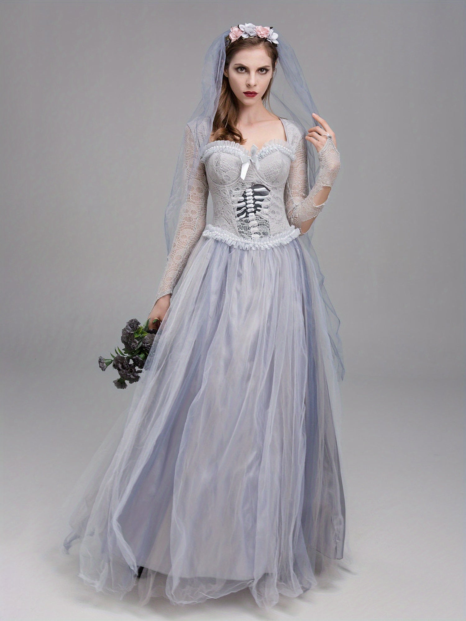 Women’s Gothic Corpse Bride Halloween Costume Dress | Lace Maxi Gown