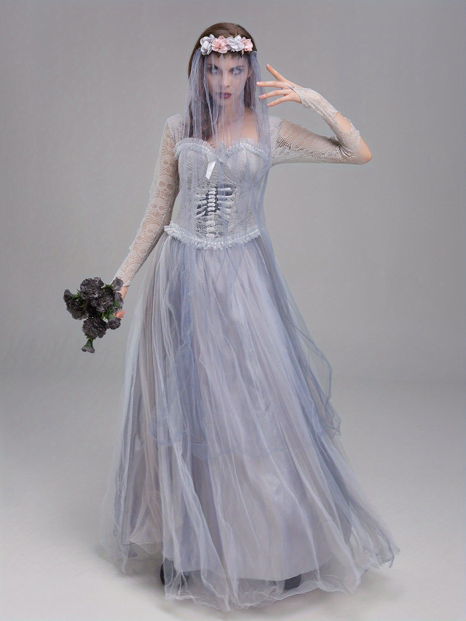 Women’s Gothic Corpse Bride Halloween Costume Dress | Lace Maxi Gown