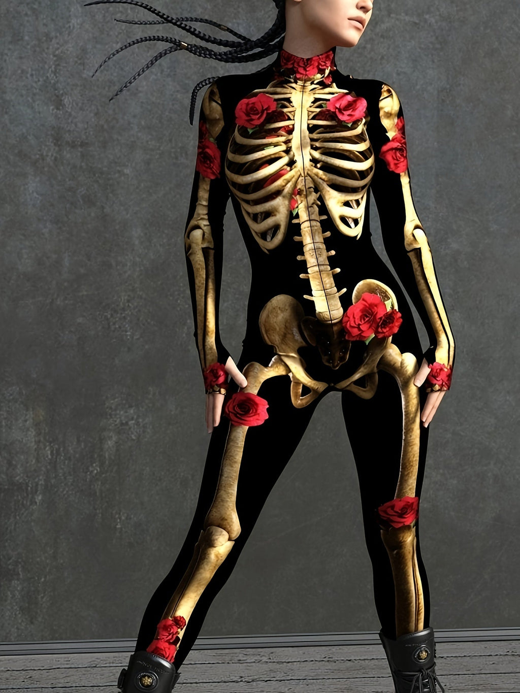 Women’s Skeleton Halloween Costume | Long Sleeve Stretchy Print Jumpsuit