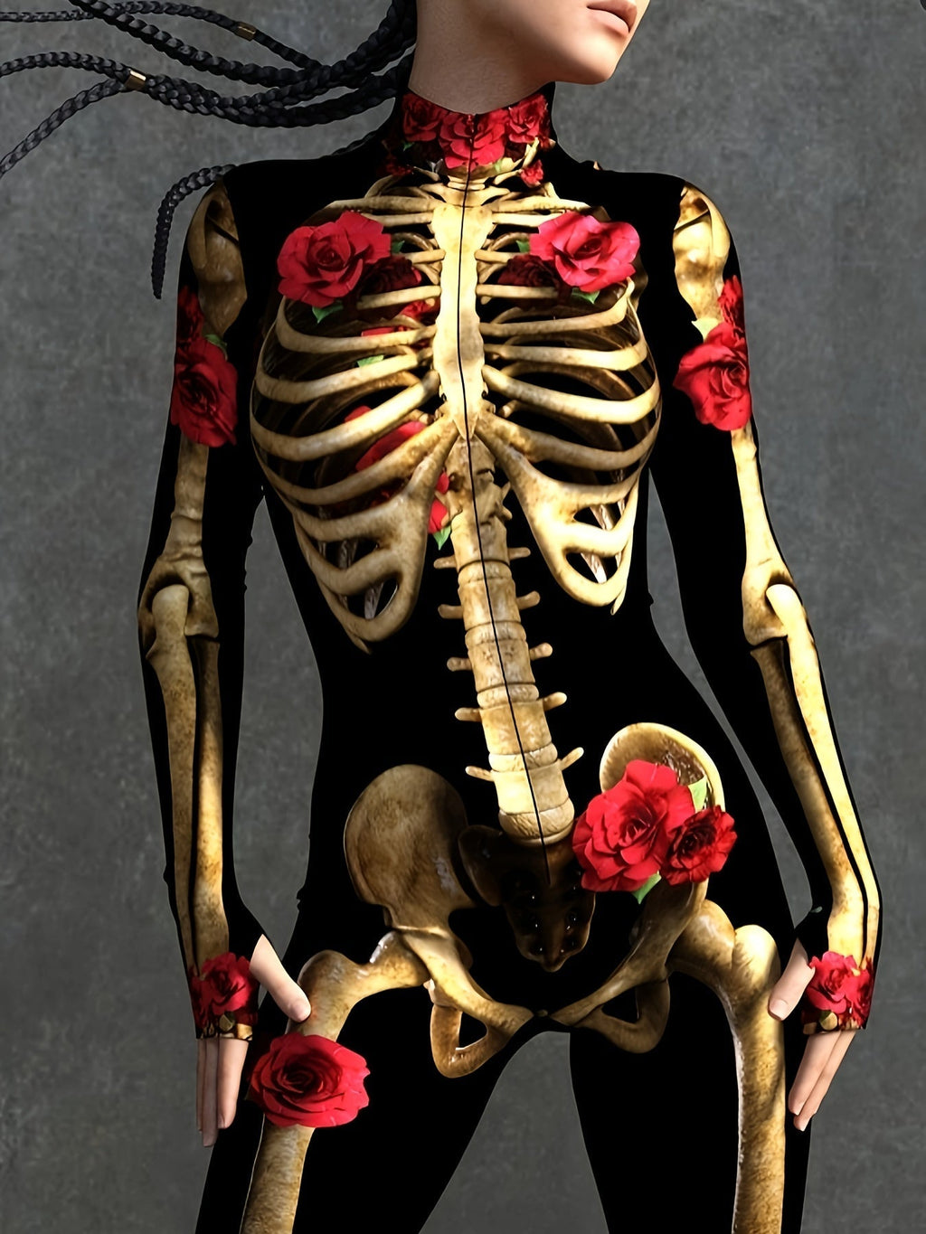 Women’s Skeleton Halloween Costume | Long Sleeve Stretchy Print Jumpsuit