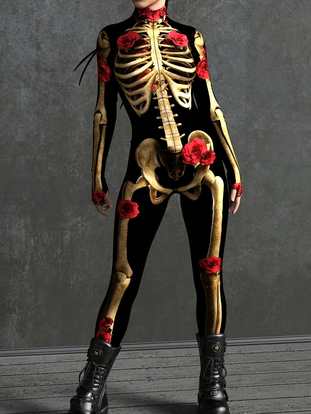 Women’s Skeleton Halloween Costume | Long Sleeve Stretchy Print Jumpsuit