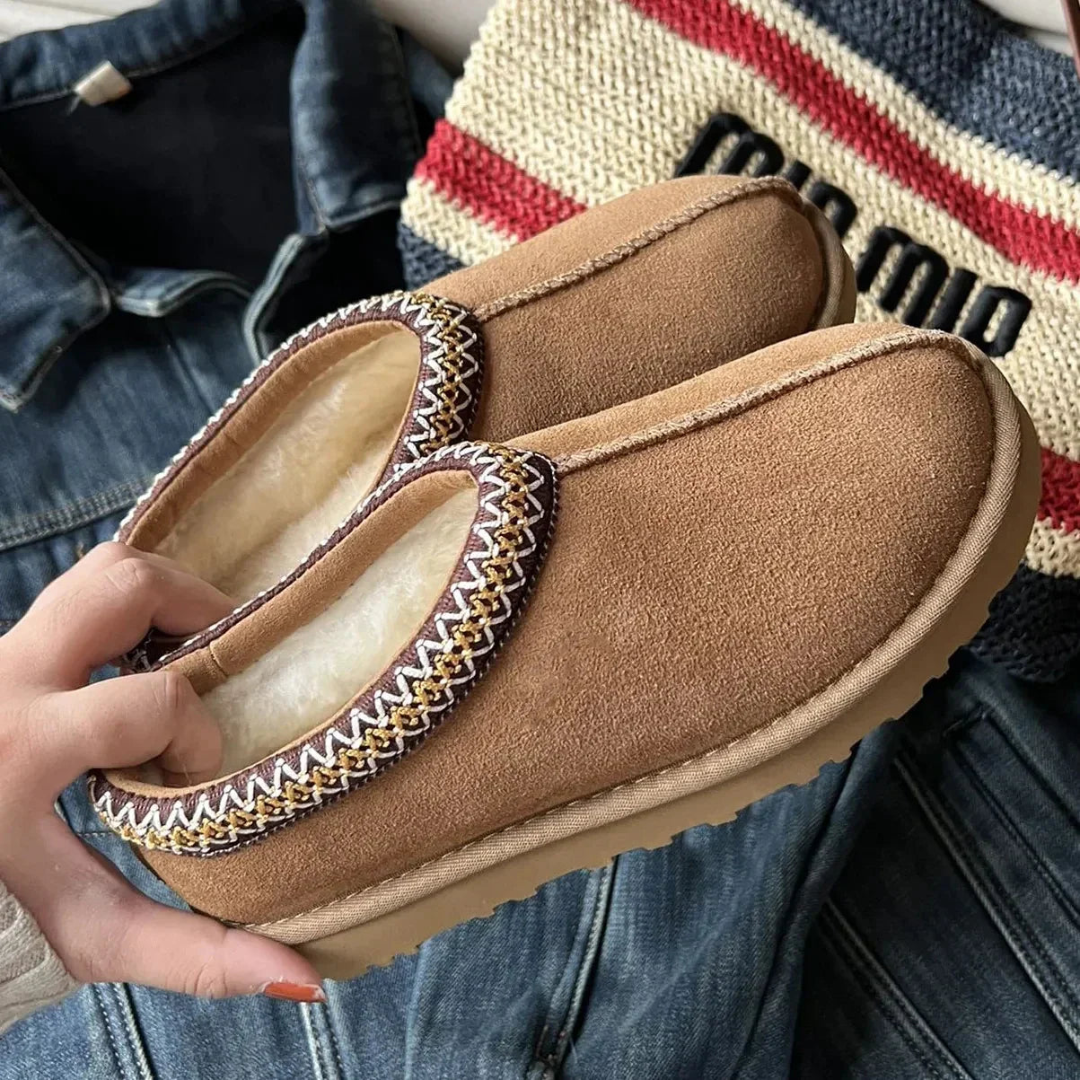 Shearling Lined Slippers | Suede Comfort Moccasins With Embroidered Trim