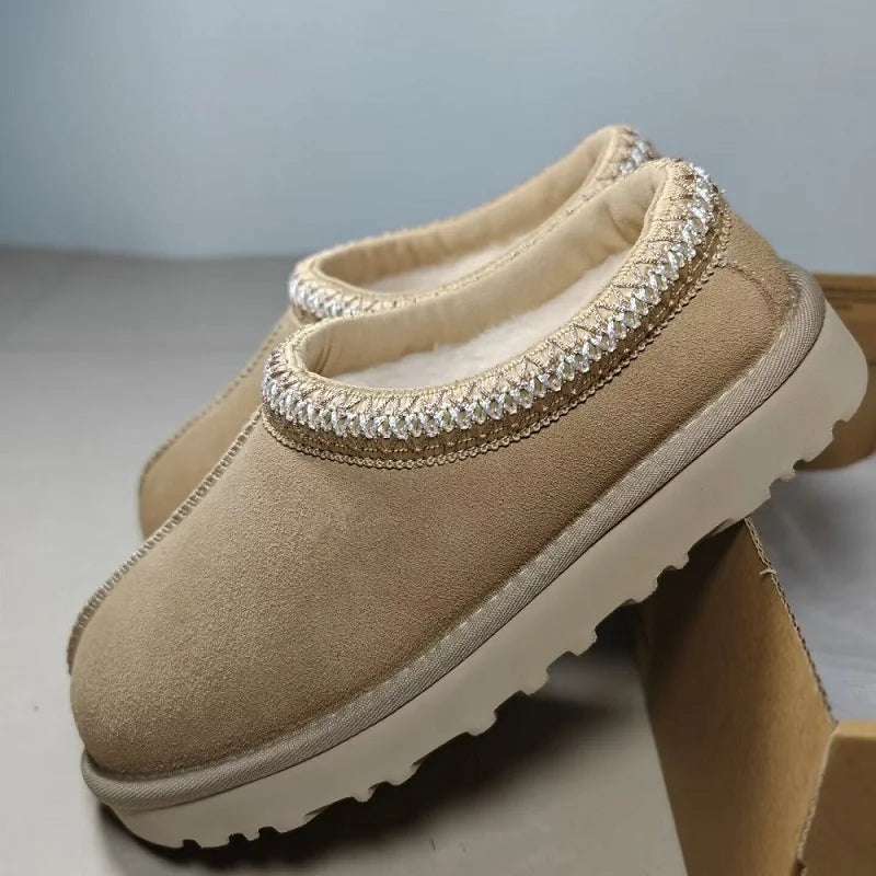 Suede Platform Slippers | Pearl Trim Fleece Lined