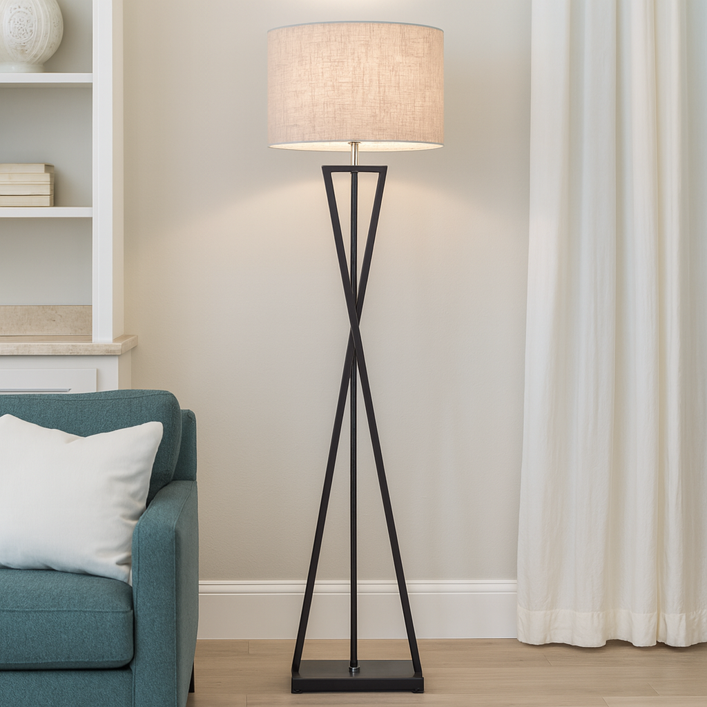 Modern Floor Lamp | Black Metal Frame with Linen Shade