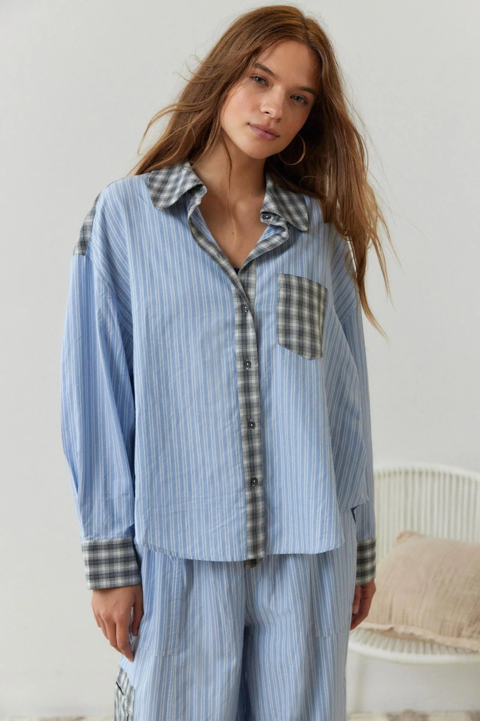 Cotton Blend Pajama Set | Striped Pattern With Plaid Accents