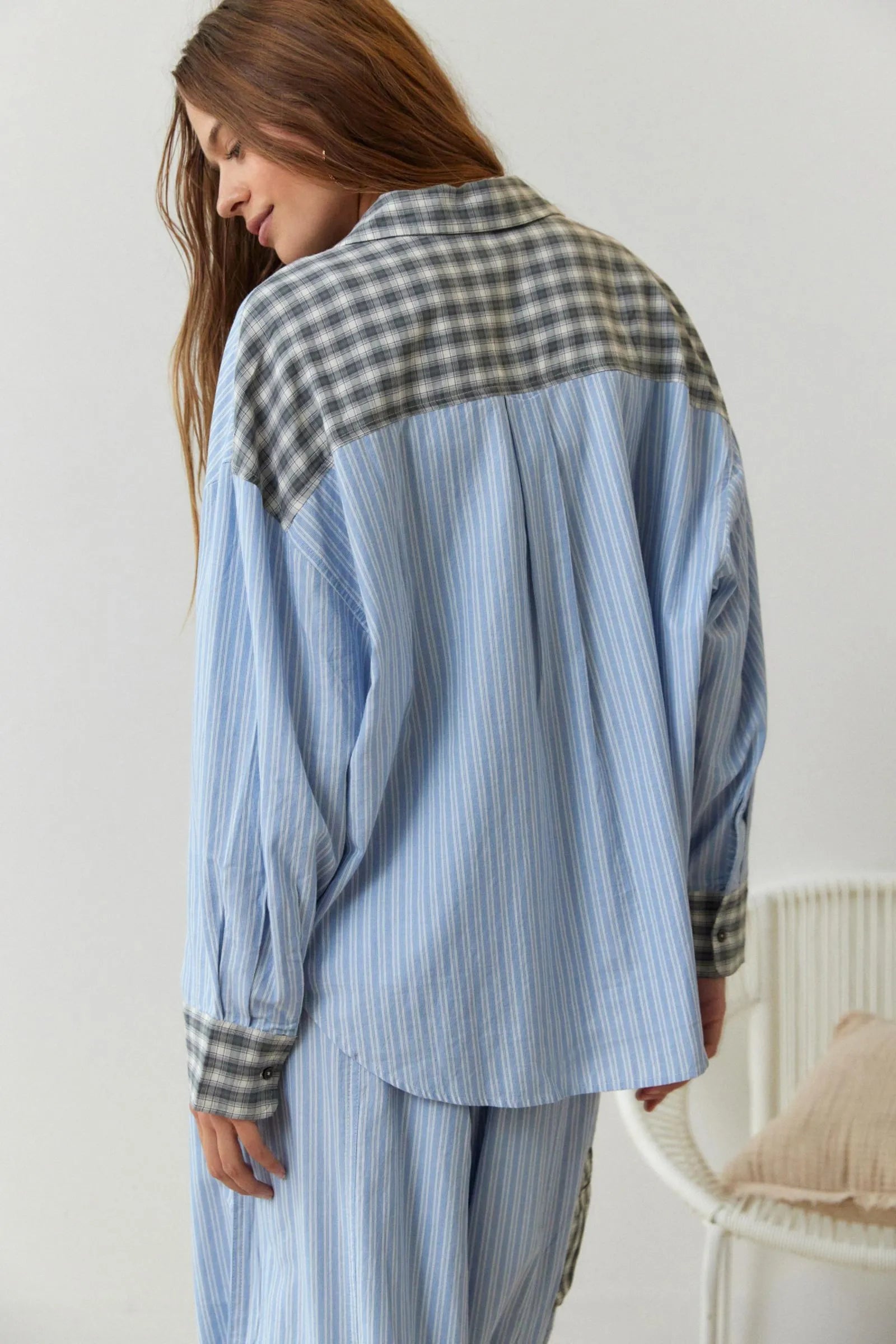 Cotton Blend Pajama Set | Striped Pattern With Plaid Accents
