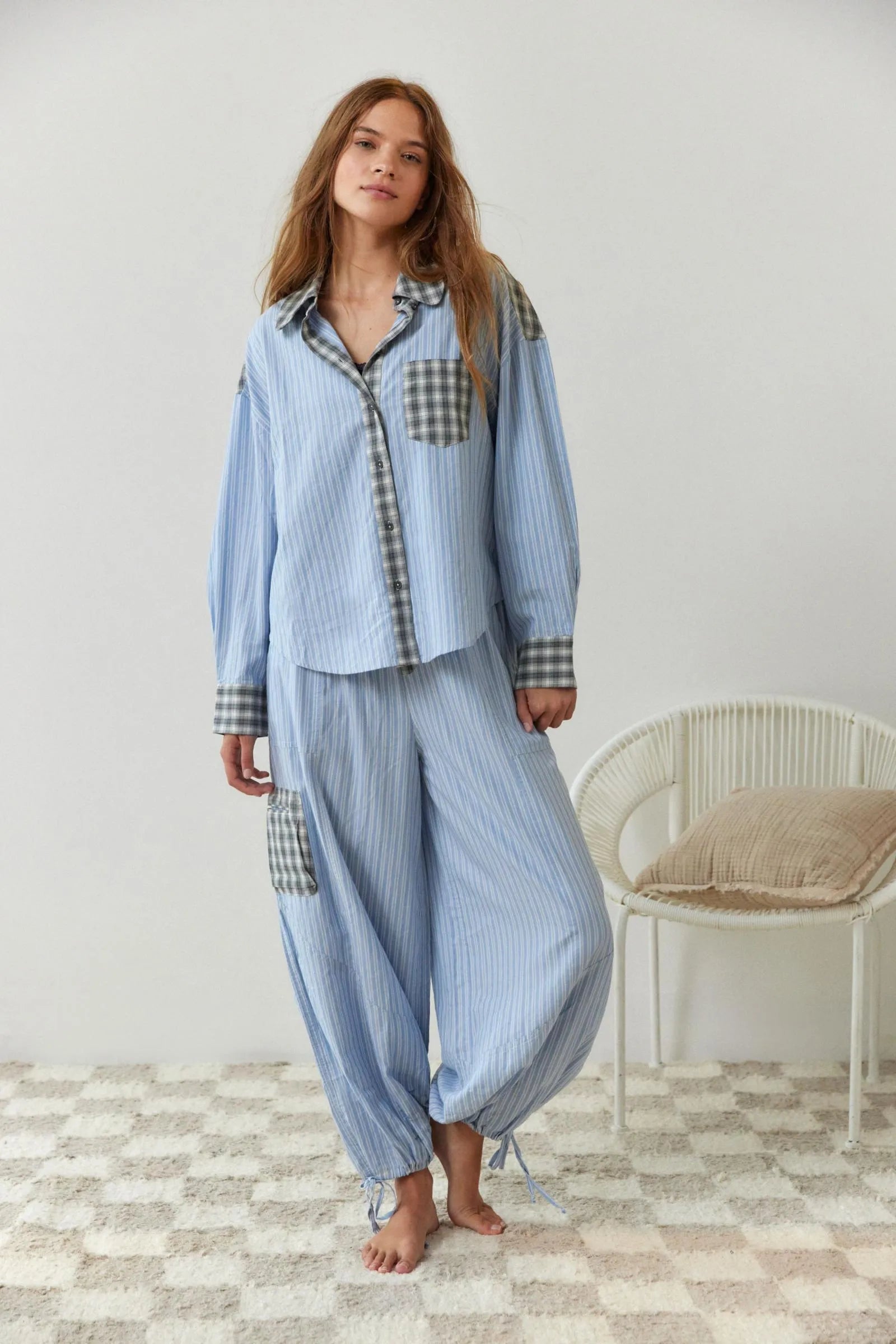 Cotton Blend Pajama Set | Striped Pattern With Plaid Accents