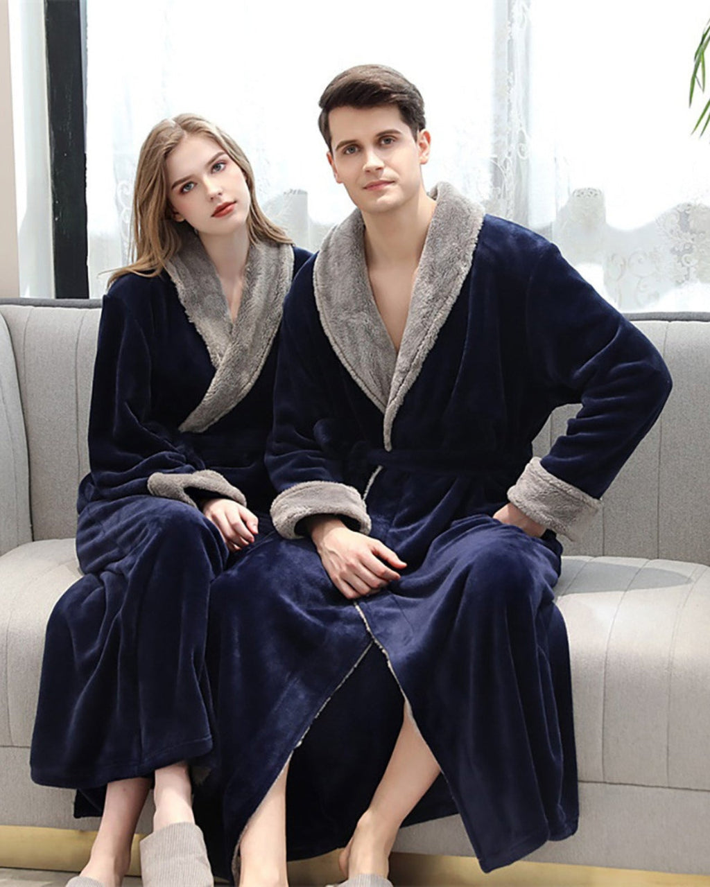 Luxury Plush Bathrobe | Navy Blue with Sherpa Lining
