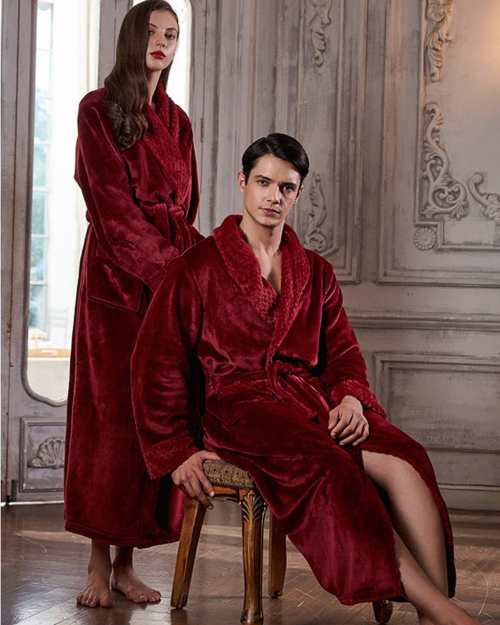 Luxury Velvet Bathrobe Set | Plush Red Couple Robes