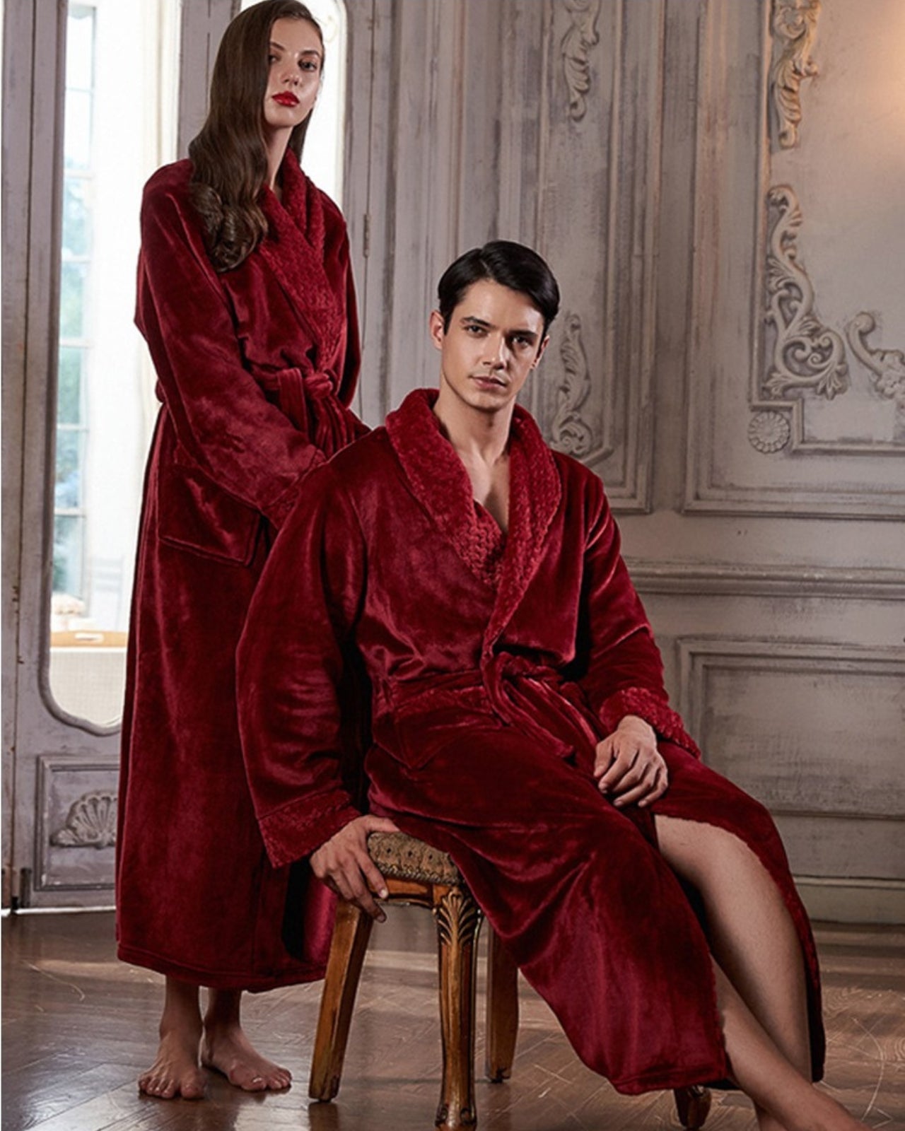 Luxury Velvet Bathrobe Set | Plush Red Couple Robes