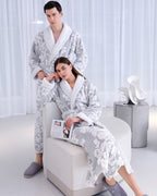Floral Fleece Bathrobe | Matching Couple Grey White Pattern