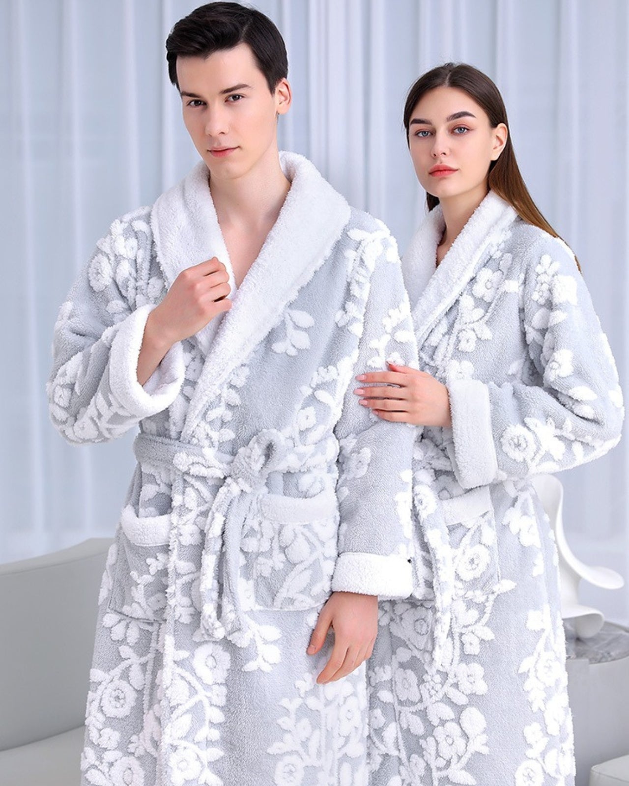 Floral Fleece Bathrobe | Matching Couple Grey White Pattern
