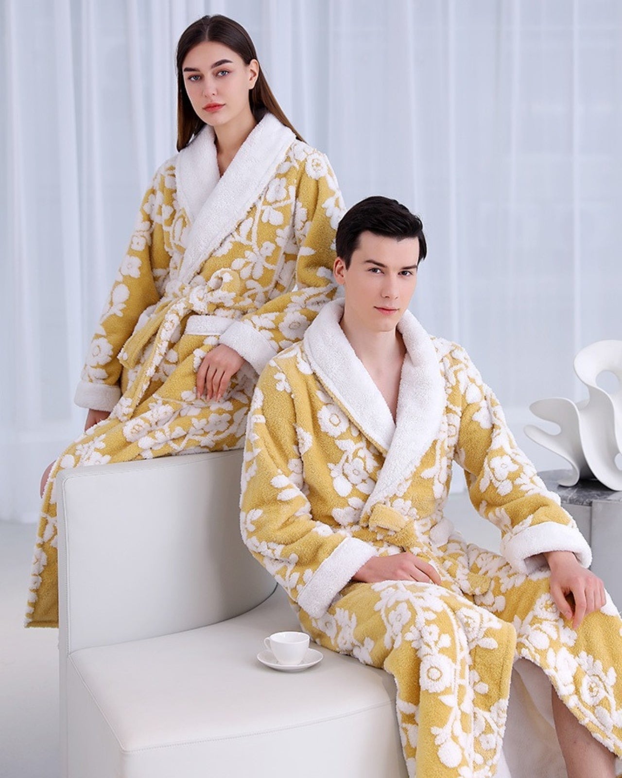 Floral Plush Bathrobe | Yellow White Blossom Pattern