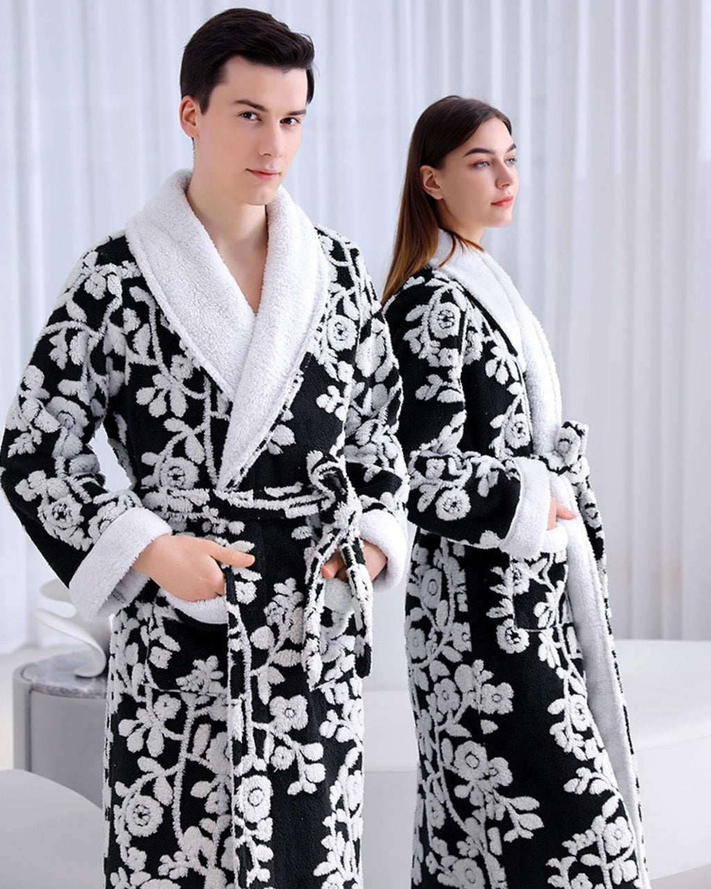 Floral Fleece Bathrobe | Black and White Blossom Pattern