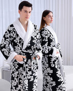 Floral Fleece Bathrobe | Black and White Blossom Pattern
