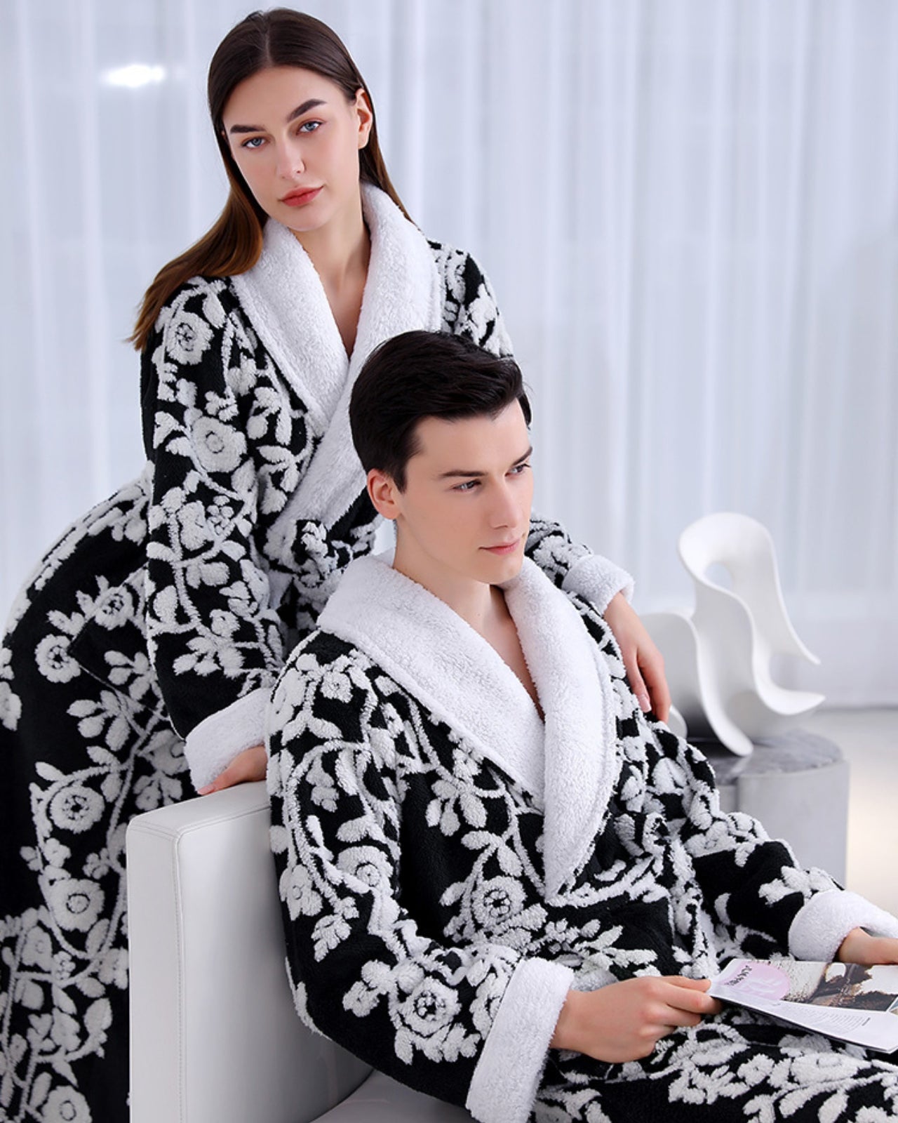 Floral Fleece Bathrobe | Black and White Blossom Pattern