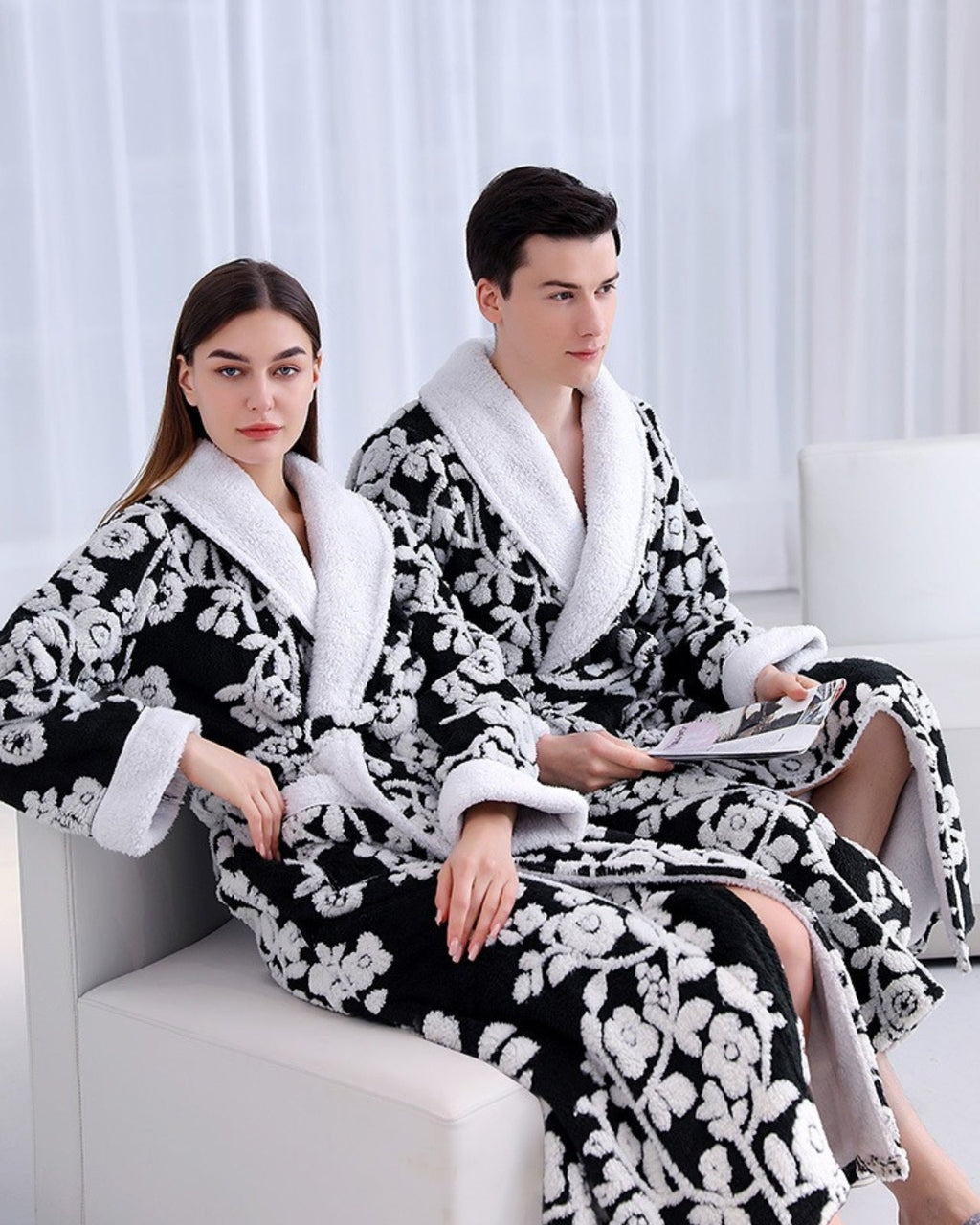 Floral Fleece Bathrobe | Black and White Blossom Pattern